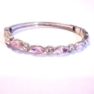 Silver Tone Pink and Clear Rhinestone Bangle Bracelet